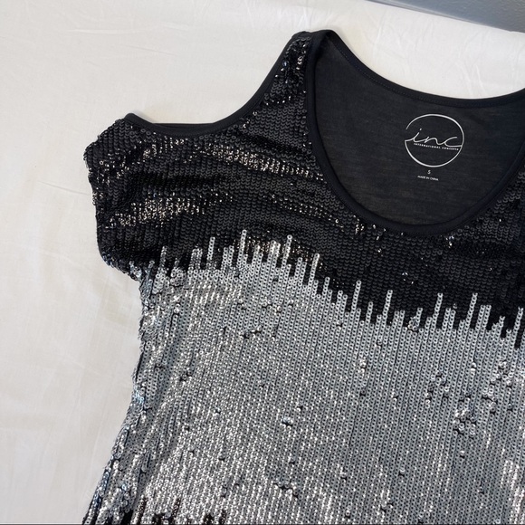 INC International Concepts Cold Shoulder Sequin Top Small Black/Silver - Picture 6 of 13